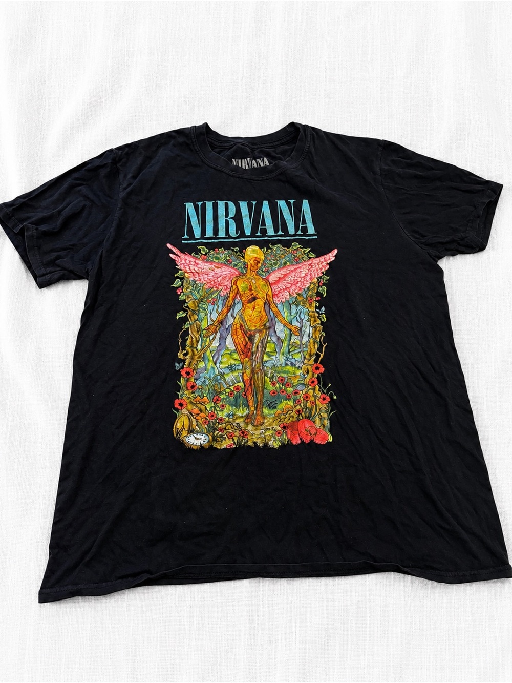 NIRVANA Black Band Tee with Pink Wings Graphic